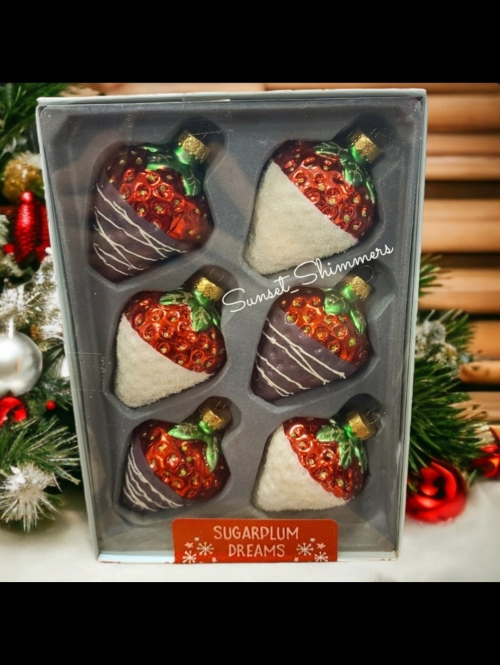 6 Dark & White Chocolate Covered Strawberry Glass Ornaments Christmas Valentines